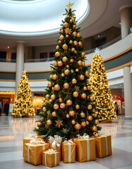 elegant christmas tree with gold decorations and gifts created with generative ai