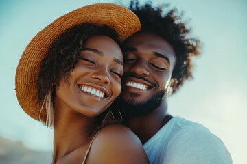 Wall Mural - Joyful couple embracing each other on a sunny day outdoors, capturing love and happiness