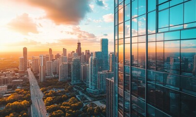 Poster - A panoramic view of a modern city skyline at sunset, with a glass building in the foreground reflecting the sky.