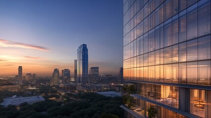 Poster - A panoramic view of a modern city skyline at sunset, with a skyscraper reflecting the warm glow of the setting sun.