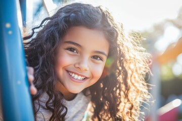 Close up of a young hispanic girl joyfully playing on a climbing frame in a sunlit playground