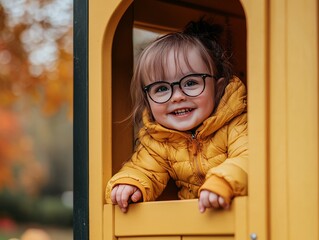 Wall Mural - Joyful girl with down syndrome in yellow jacket climbing playhouse in vibrant autumn park scene