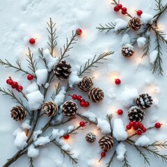 christmas or autumn composition thuja twigs cones in the snow physalis top view flat lay copy space 