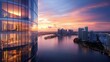 A stunning sunset over a cityscape, with a sleek skyscraper in the foreground. 