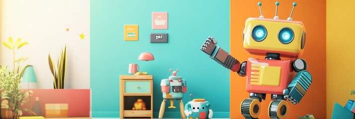 Leinwandbilder - In a vibrant children's room, cheerful robot assistants interact with colorful toys, creating a fun and inviting environment. Generative AI