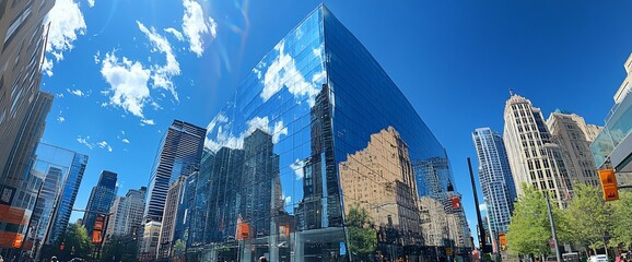 Poster - A tall glass skyscraper building reflecting blue sky and other buildings in a city with green trees.