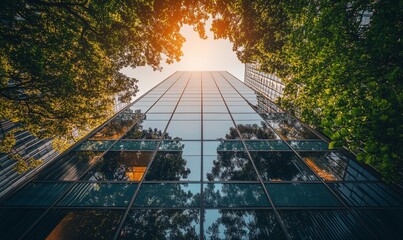 Poster - A tall glass skyscraper with a bright sun shining through the trees, looking up from the ground.