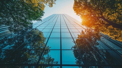 Poster - A tall skyscraper with a glass facade is seen from a low angle, with trees framing the building and the sun shining brightly in the background.