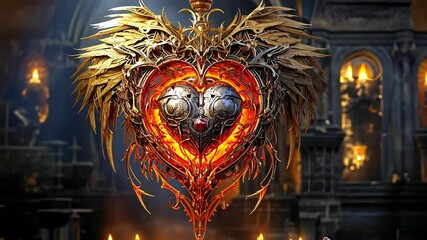 Canvas Print - An intense, winged heart surrounded by flames, combining metal and feather details for a unique fantasy and gothic-inspired design