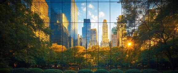 Poster - Cityscape reflected in glass window, with trees and sunset in the background.
