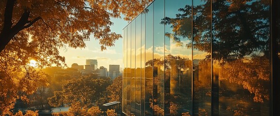 Poster - Glass building reflecting sunset over city skyline with trees.