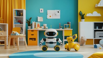 Poster - This cheerful children's room showcases friendly robot assistants amidst vibrant decor, encouraging creativity and interactive learning. Generative AI