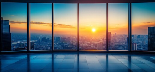 Poster - Large panoramic windows showcasing a beautiful sunset over the city skyline.