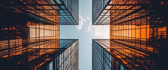 Poster - Looking up at a modern glass skyscraper with a bright blue sky and white clouds.
