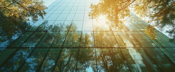 Poster - Low angle view of a modern glass building reflecting trees and sunlight.