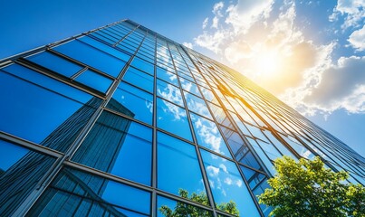 Poster - Low angle view of a modern glass skyscraper with blue sky and white clouds reflecting in the windows.