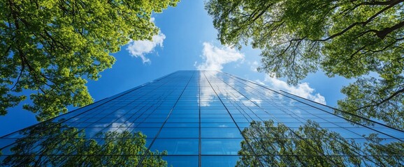 Poster - Low angle view of a modern glass skyscraper with blue sky and clouds reflected in the windows, framed by green trees.