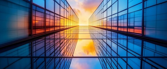 Poster - Low angle view of glass building facade reflecting colorful sky during sunset.