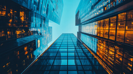 Poster - Vertical view of modern skyscrapers with reflective glass in an urban setting, showcasing architectural design and bright lights at dusk