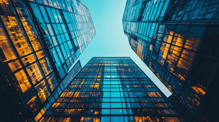 Poster - Vertical view of modern skyscrapers with reflective glass in an urban setting, showcasing architectural design and bright lights at dusk