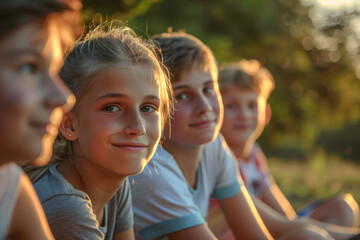 Portrait of group of happy teenage kids during resting in summer camp