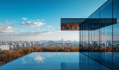 Poster - Modern building rooftop terrace with city skyline view.