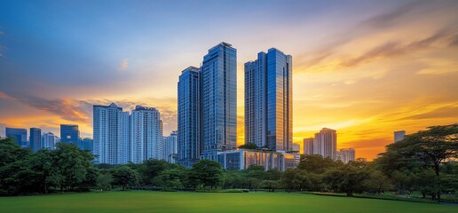 Poster - Modern city skyscrapers with lush green park in front and beautiful sunset sky.