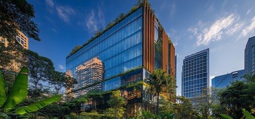 Poster - Modern glass and steel skyscraper with lush greenery and blue sky.
