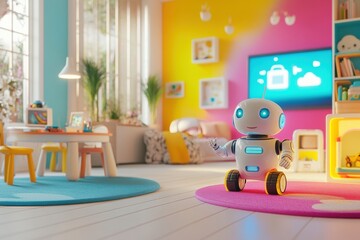 Poster - Brightly colored walls surround a cheerful children's room with robot assistants interactively engaging with toys on a soft rug. Generative AI