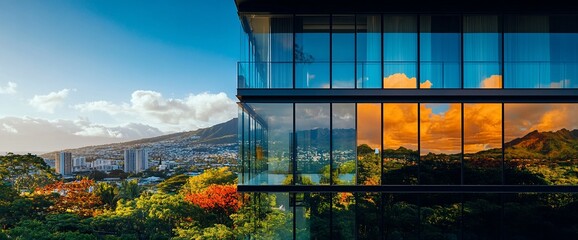 Poster - Modern glass building with a view of a cityscape and mountains reflected in the windows.