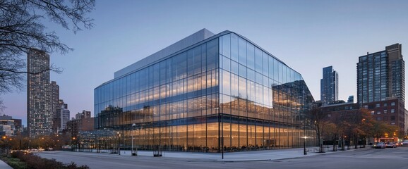 Poster - Modern glass building with city skyline reflection.