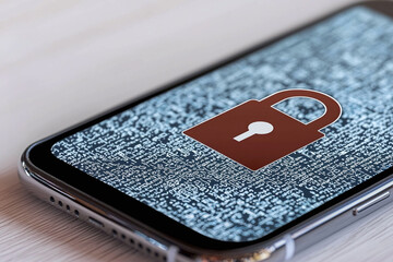 Wall Mural - A lock icon and encryption algorithm code displayed on a smartphone screen.