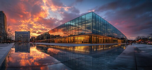 Poster - Modern glass building with reflection in water at sunset.