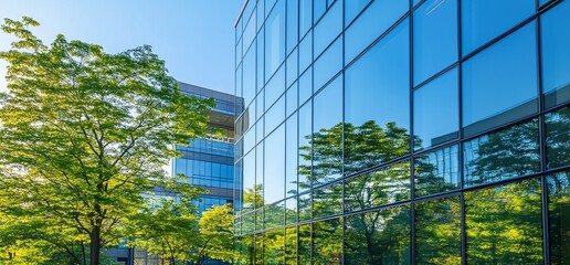Poster - Modern glass building with trees reflected in windows.