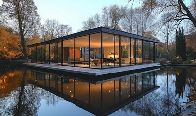 Poster - Modern glass house with large windows overlooking a pond with reflections.