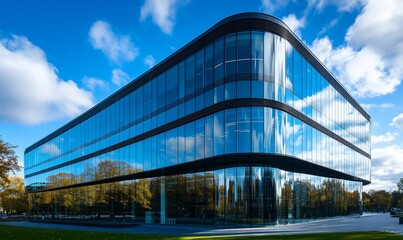 Poster - Modern glass office building with a blue sky and clouds reflecting in the windows.