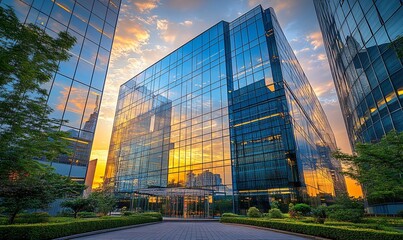 Poster - Modern glass office building with a sunset reflected in the windows.