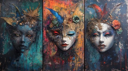 Wall Mural - Three artistic masks with vibrant colors and intricate details.