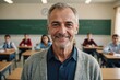 © ThomasLENNE - Close portrait of a smiling senior Albanian male elegant school teacher standing and looking at the camera, indoors almost empty primary school classroom blurred background