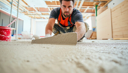 Wall Mural - Construction worker leveling concrete topping on building site