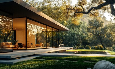 Poster - Modern home with large windows overlooking a lush garden with a swimming pool.