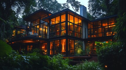 Poster - Modern home with large windows, glowing with warm light, set amongst lush green foliage.
