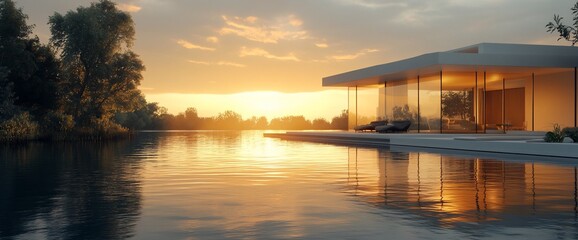 Poster - Modern house with a pool and a sunset view over the lake.
