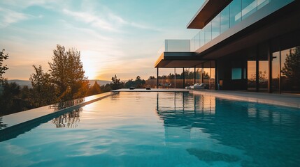 Poster - Modern house with a pool and a sunset view.
