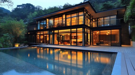 Poster - Modern house with a swimming pool at dusk.