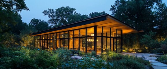 Poster - Modern house with large windows glowing at dusk in a garden with lush greenery.