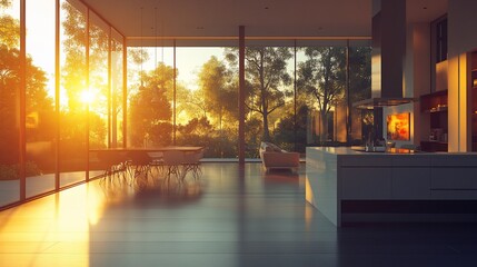 Poster - Modern kitchen and dining area with large windows overlooking a forest at sunset.