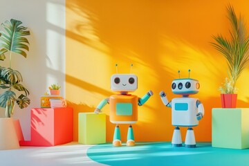 Poster - Children enjoy a vibrant room decorated with colorful blocks and cheerful robot assistants creating a fun and interactive environment. Generative AI
