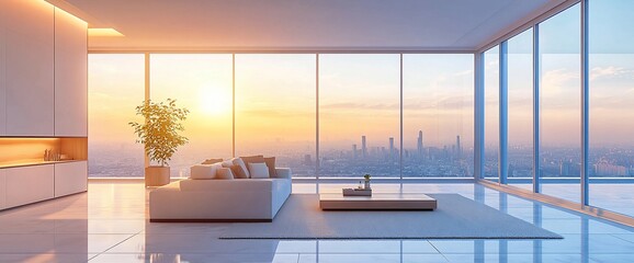 Poster - Modern living room with large windows offering panoramic city views at sunset.