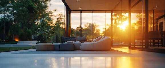 Poster - Modern living room with large windows overlooking a sunset.